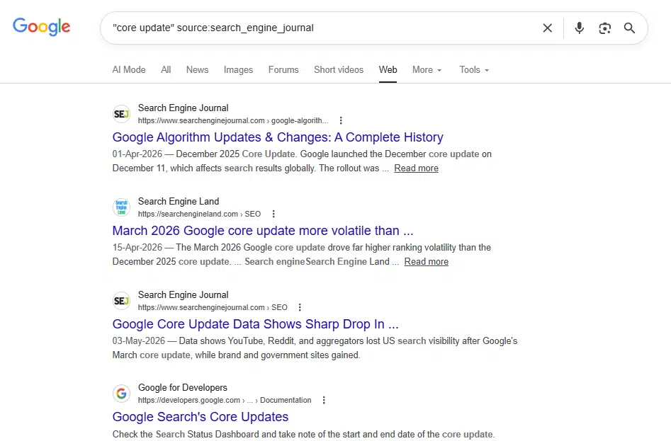 Google search results demonstrating the use of the source operator to filter specific news coverage on Search Engine Journal for targeted PR pitching.