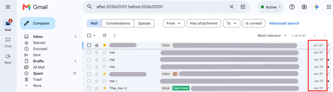 Using combine after: and before: date operator which shows emails between the specific date Range.