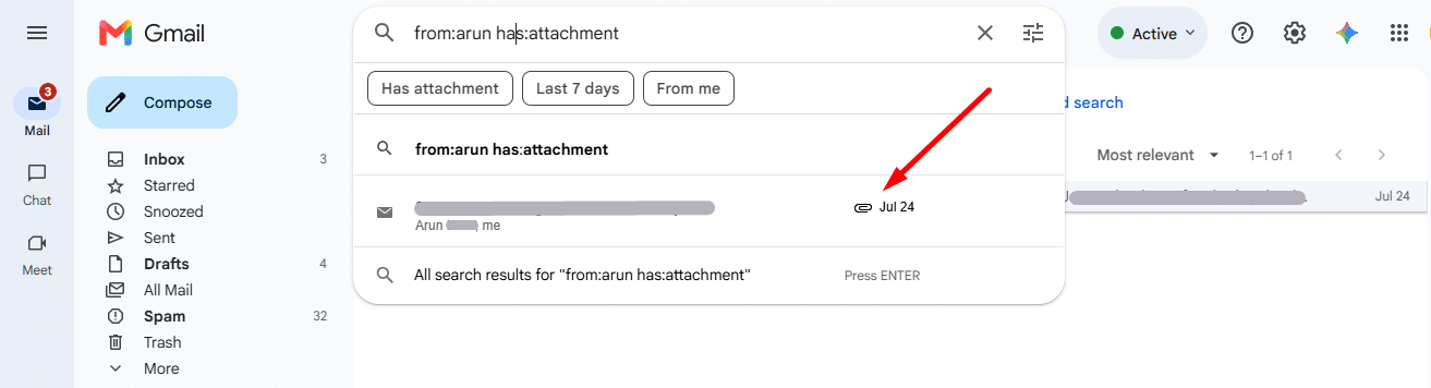 Use of Combine Gmail Search Operator "from:name has:attachment".