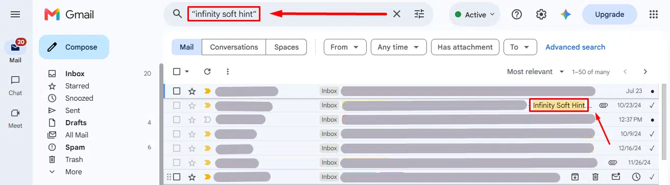 Exact Phrase "" operator show gmails that match the exact phrase instead of the individual words separately.