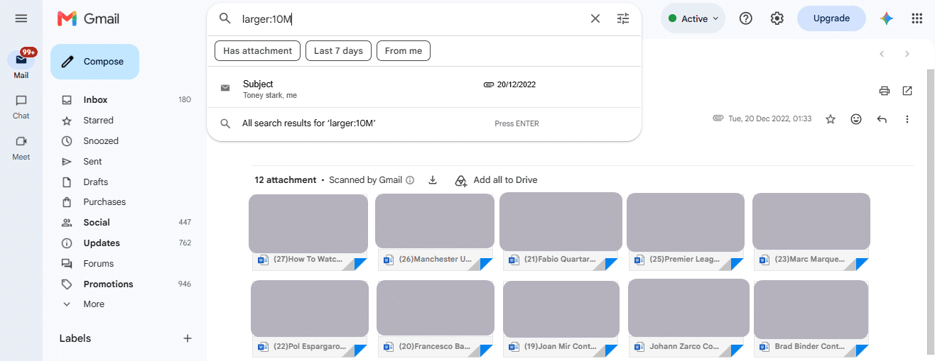 Using larger:10M gmail search opertor that show gmail which size greater than 10MB.