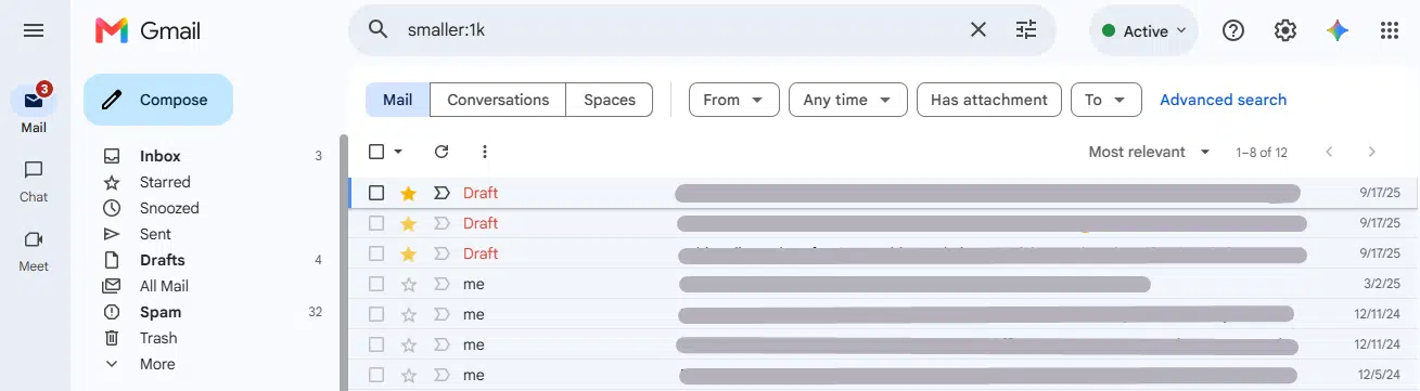 Smaller: — Gmail Search Operator Using smaller:1k gmail search opertor that show gmail which size less than 1kb (kilobyte).