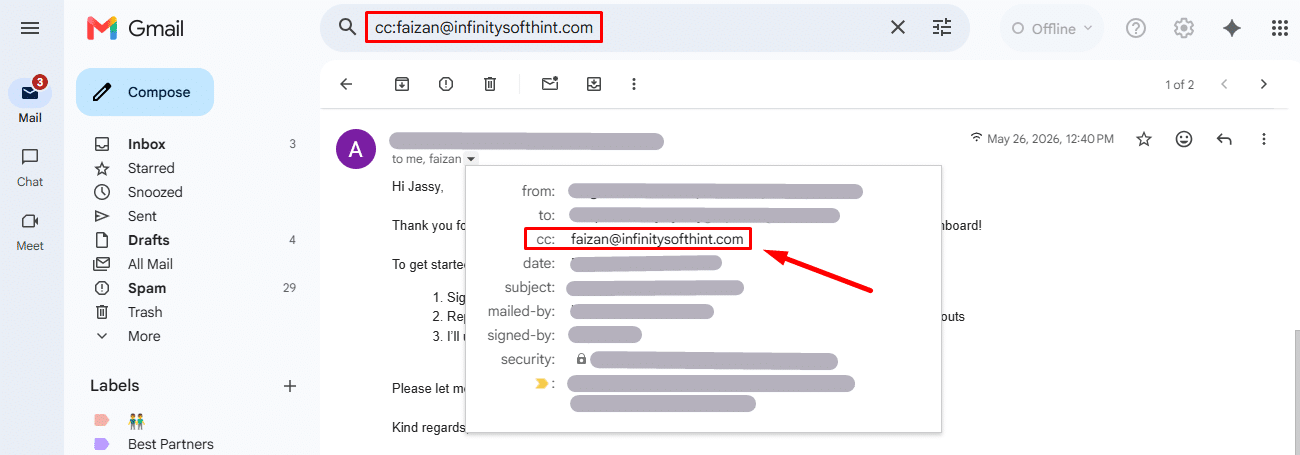 Use of cc:recipient mail which show search receipent that email used in cc.