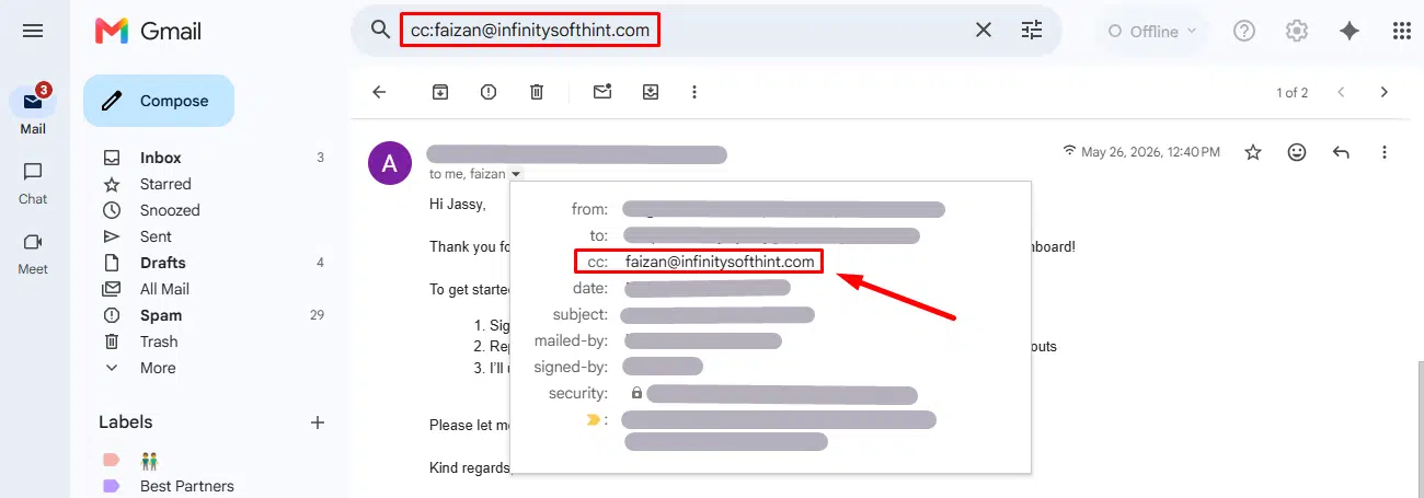 cc: — Gmail Search Operator Use of cc:recipient mail which show search receipent that email used in cc.