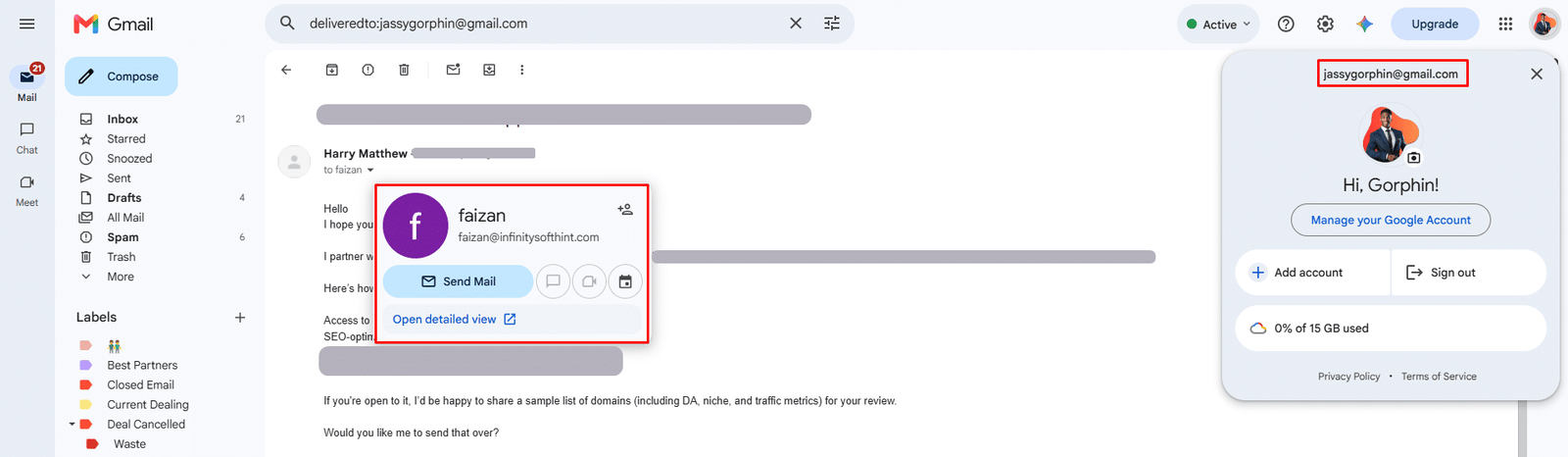 Using deliveredto: operator shows emails come from multiple email aliases.