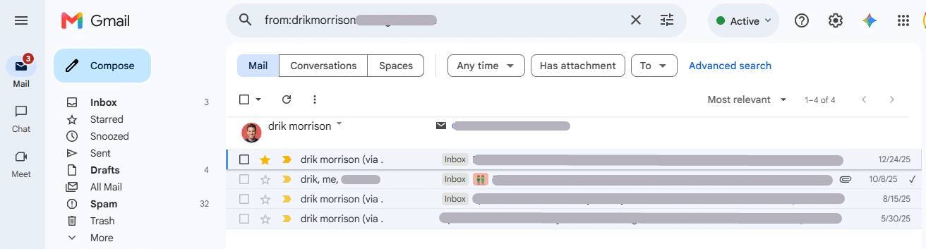 from: operator show every email sent by that address.