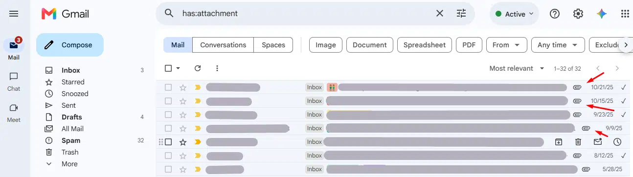 has:attachment — Gmail Search Operator Using has:attachment operator that Shows every email that has any attachment, regardless of file type.