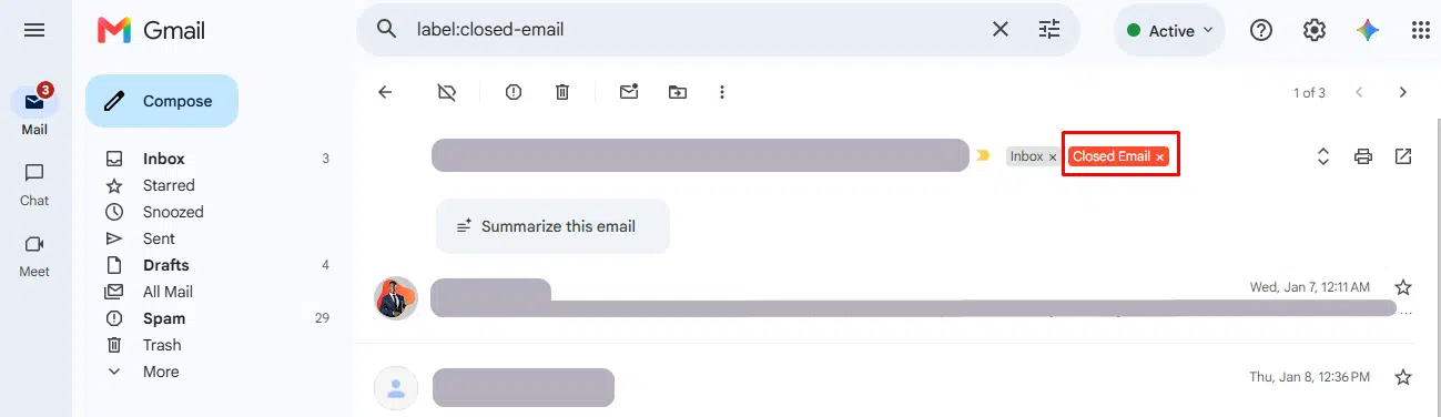 label: — Gmail Search Operator Use of label:closed-email which shows emails tagged with the "closed Email" label.