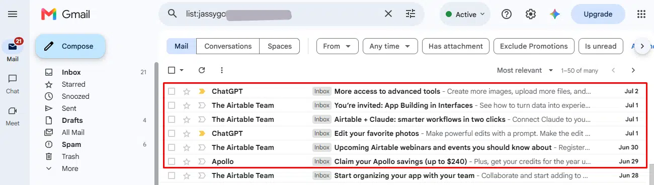 list: — Gmail Search Operator An list: operator show email that came through newsletter distribution address.