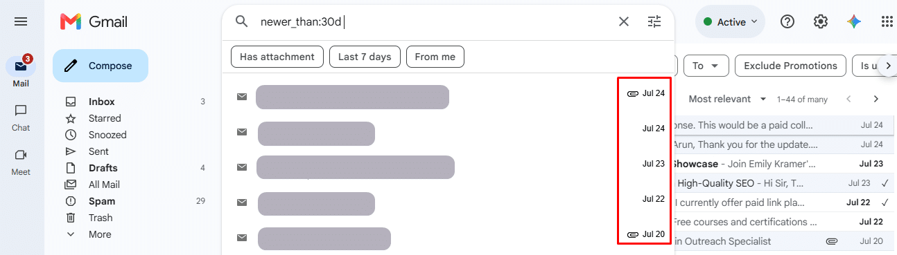 Use of newer_than:30d operator shows emails from the last 30 days.