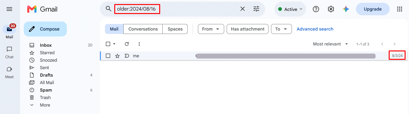 Example of older:2024/08/16 search operator that show emails which are older than 16 august 2024.
