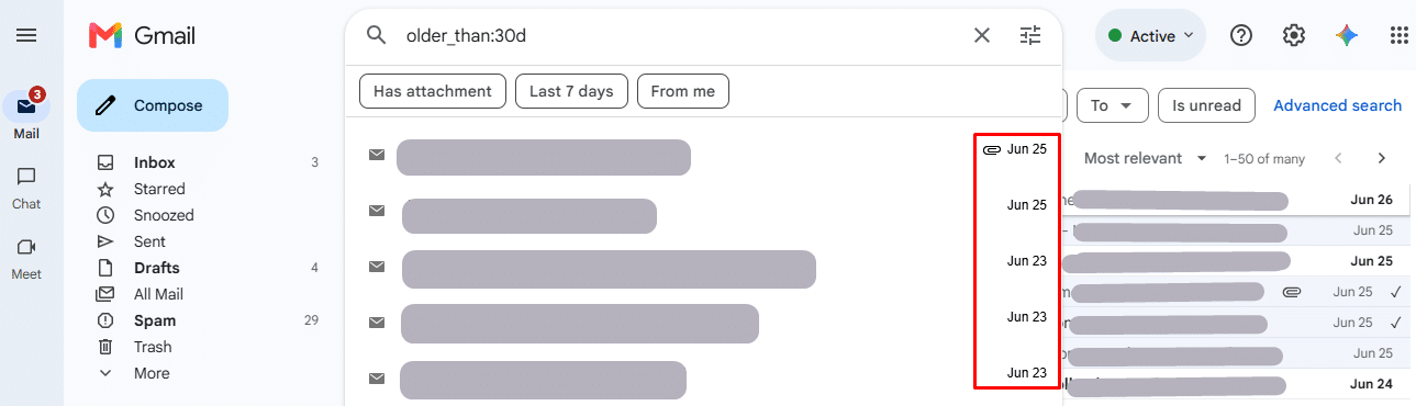 Use of older_than:30d operator shows emails that emails older than 30 days.
