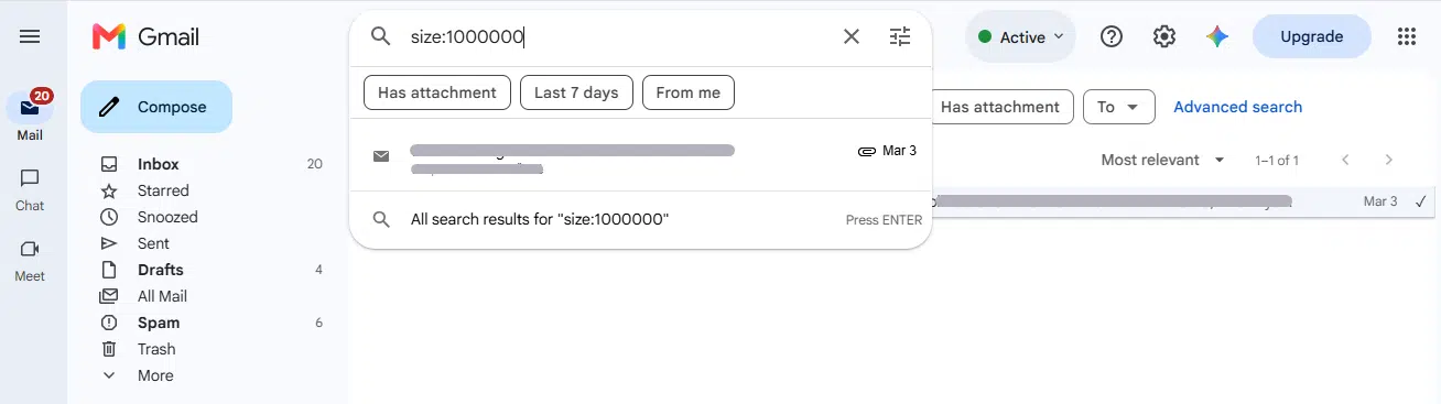 size: — Gmail Search Operator Use size:1000000 Operator that show email which conversation size is upto 1MB.