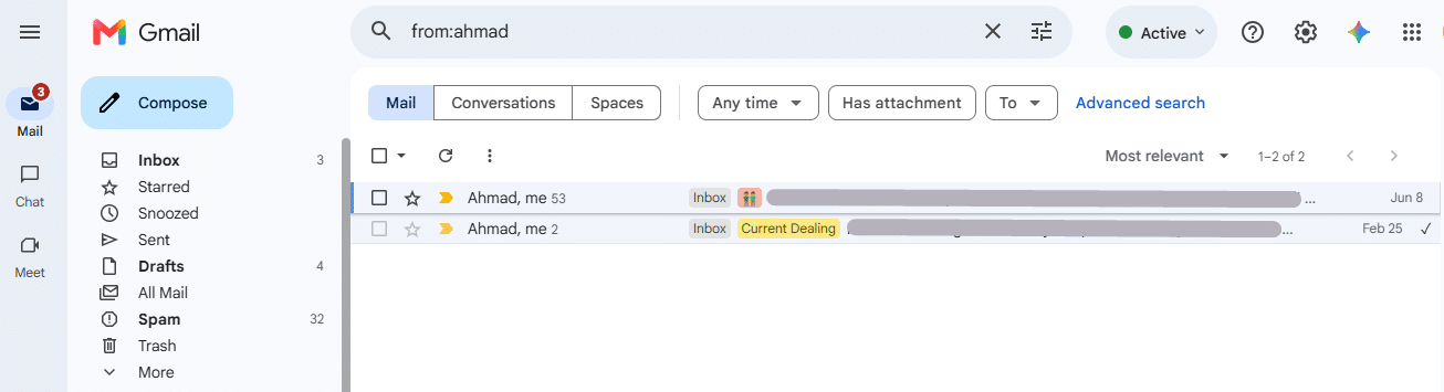 Using from: operator search by only name instead of full email address.