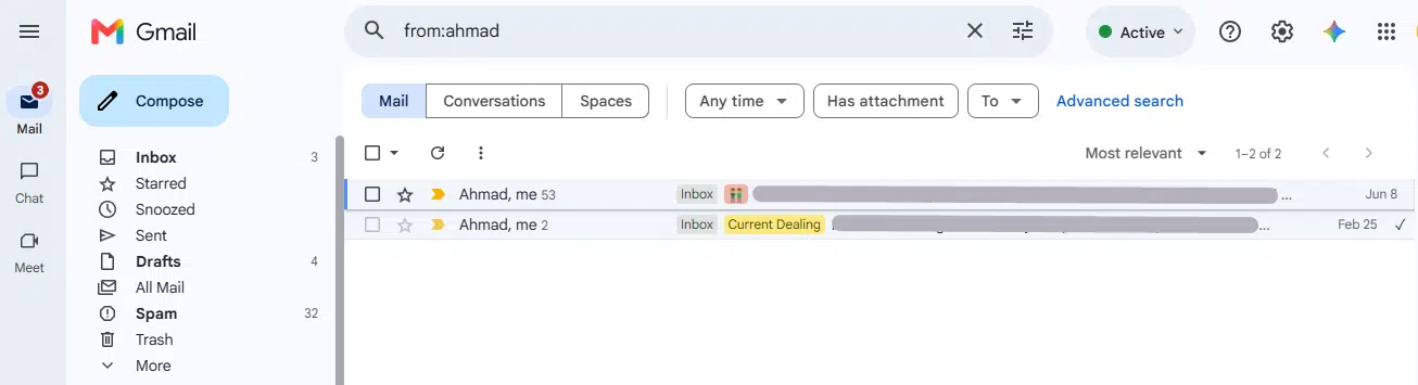 Use From: search operator with recipient name Using from: operator search by only name instead of full email address.