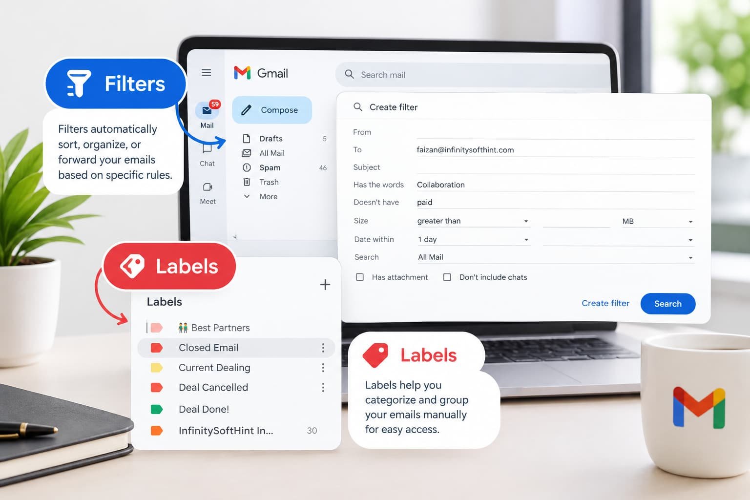 Gmail filters and labels for organizing and managing emails