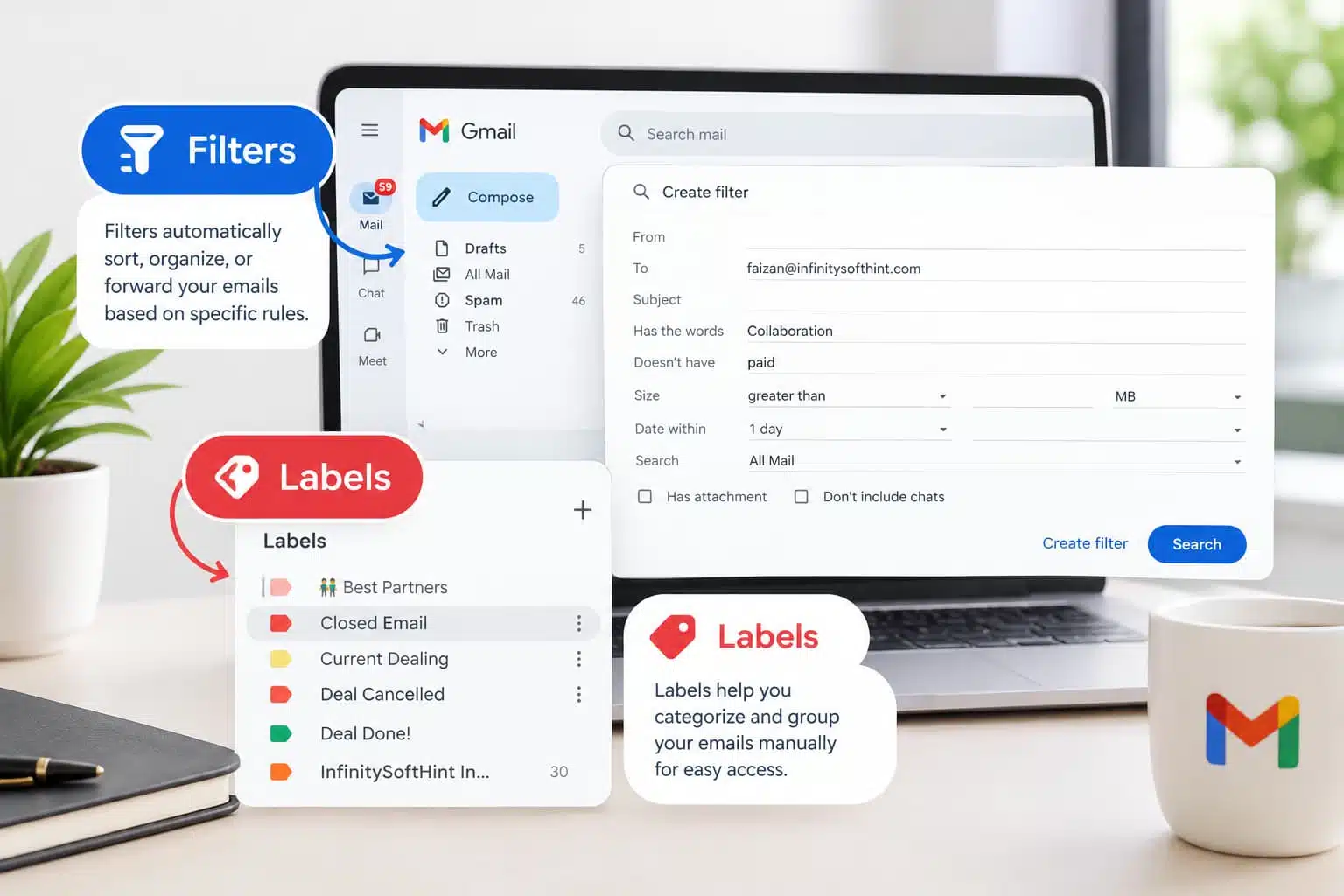 Gmail filters and labels for organizing and managing emails