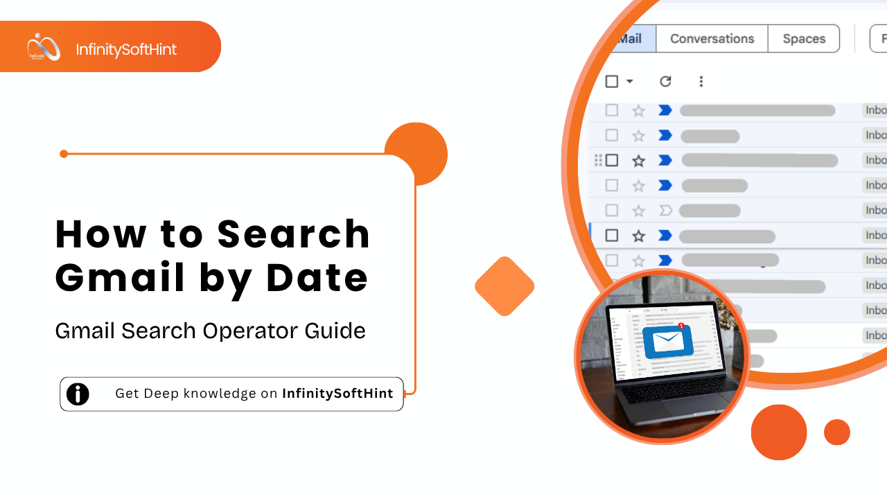 Tutorial banner showing how to search Gmail by date with range, before, and after operators