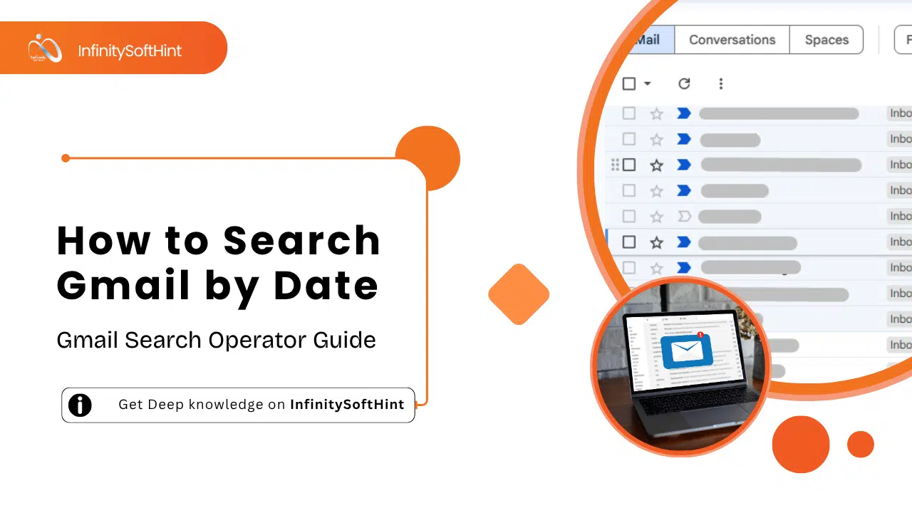 Tutorial banner showing how to search Gmail by date with range, before, and after operators