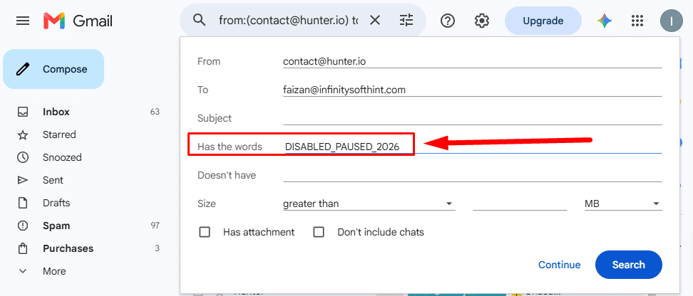 Adding a unique temporary text string in Has the words field to safely edit Gmail filter