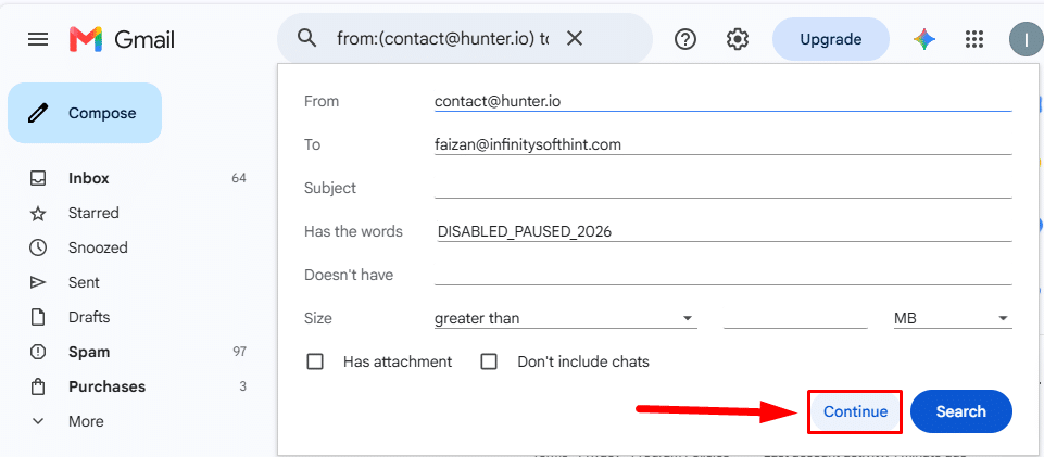 Updating modified Gmail filter settings by clicking Continue and Update filter