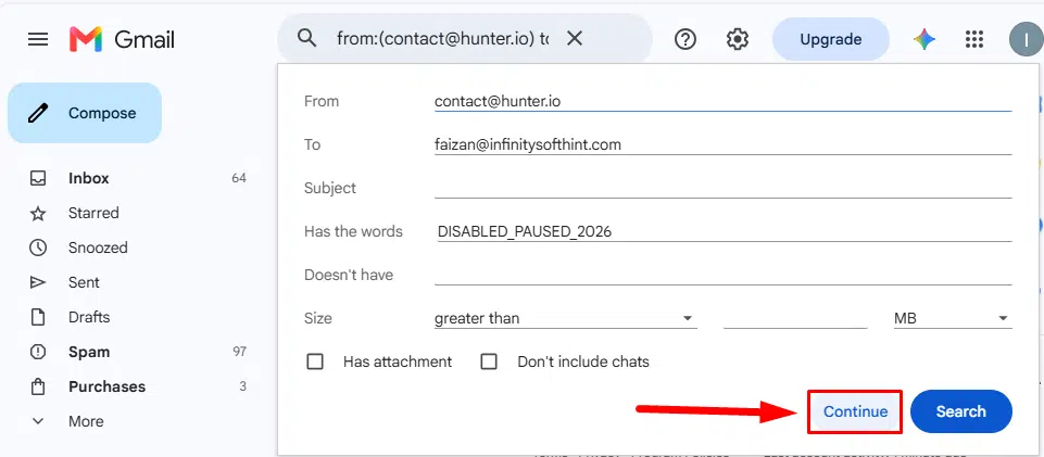 Updating modified Gmail filter settings by clicking Continue and Update filter