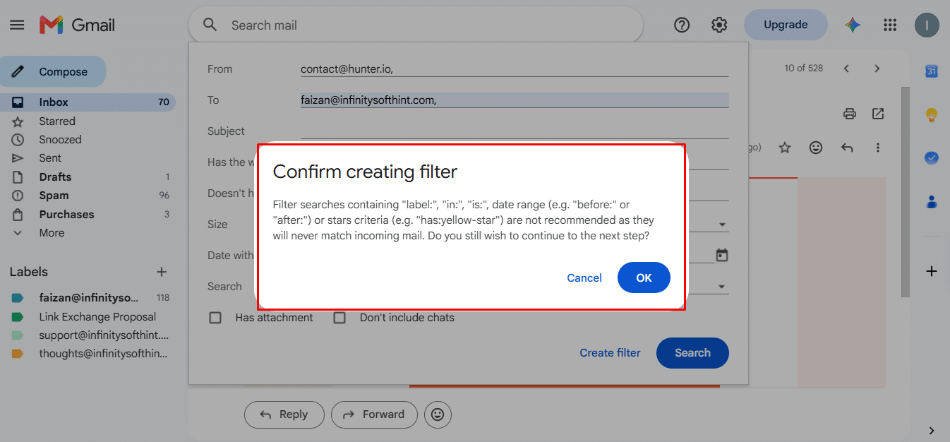 Clicking Create filter button to save and activate the Gmail rule