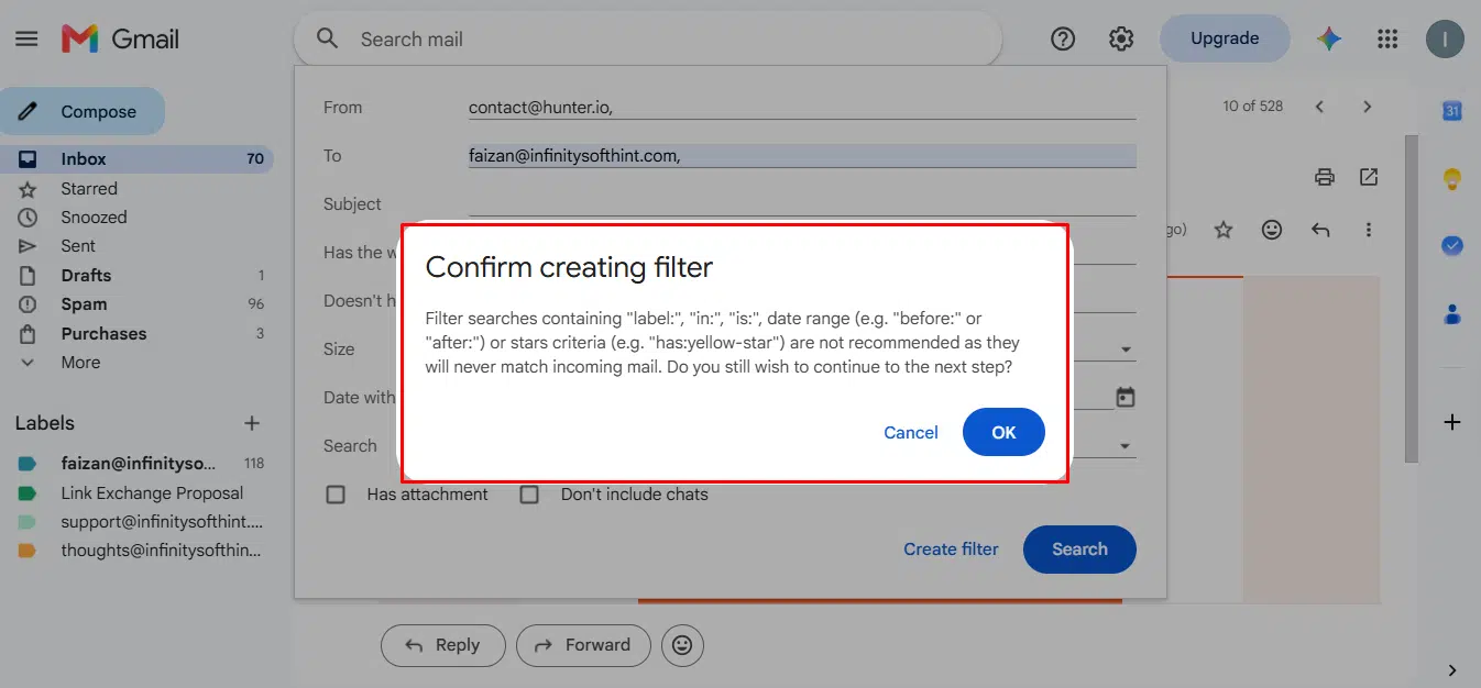 Clicking Create filter button to save and activate the Gmail rule
