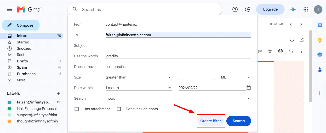 Selecting the Create filter option at the bottom right of Gmail search drawer