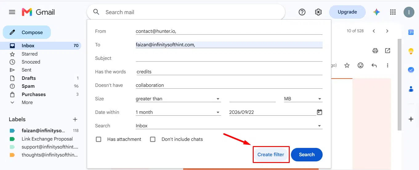 Selecting the Create filter option at the bottom right of Gmail search drawer