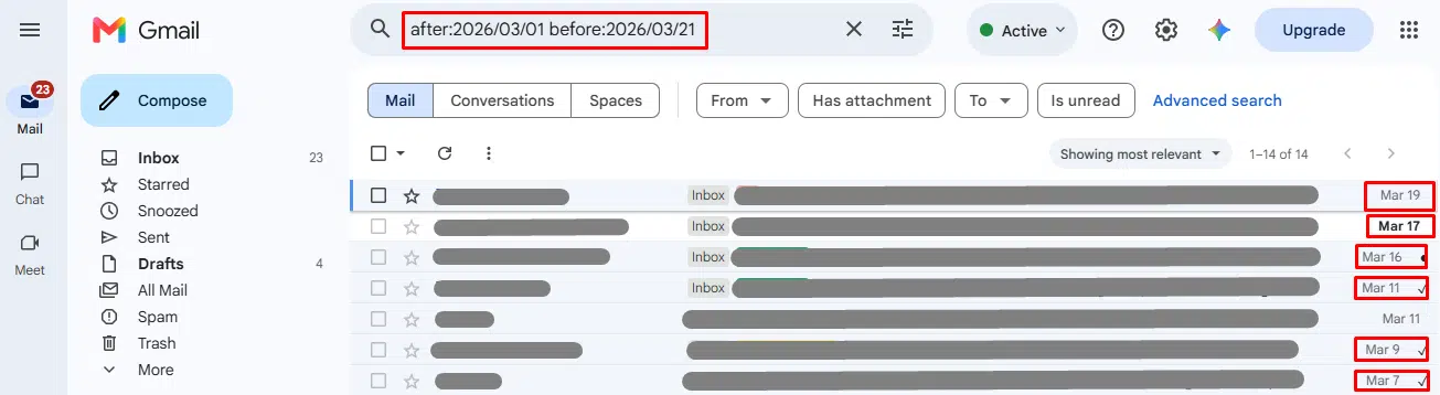 Example screenshot of how to search Gmail by date range using after and before search operators