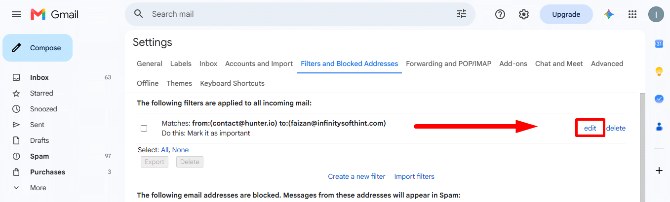 Clicking Edit on a target Gmail filter rule under Settings