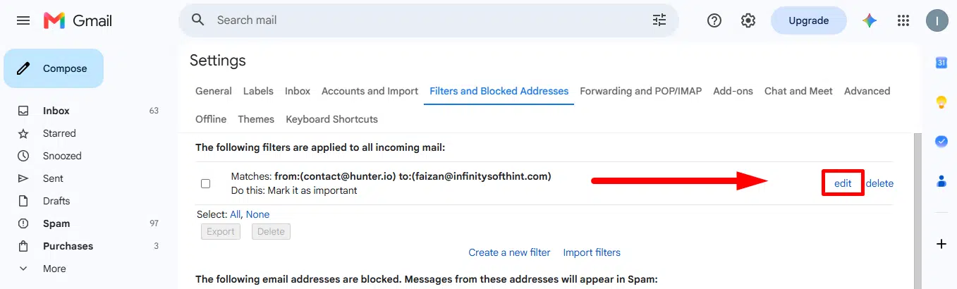 Clicking Edit on a target Gmail filter rule under Settings