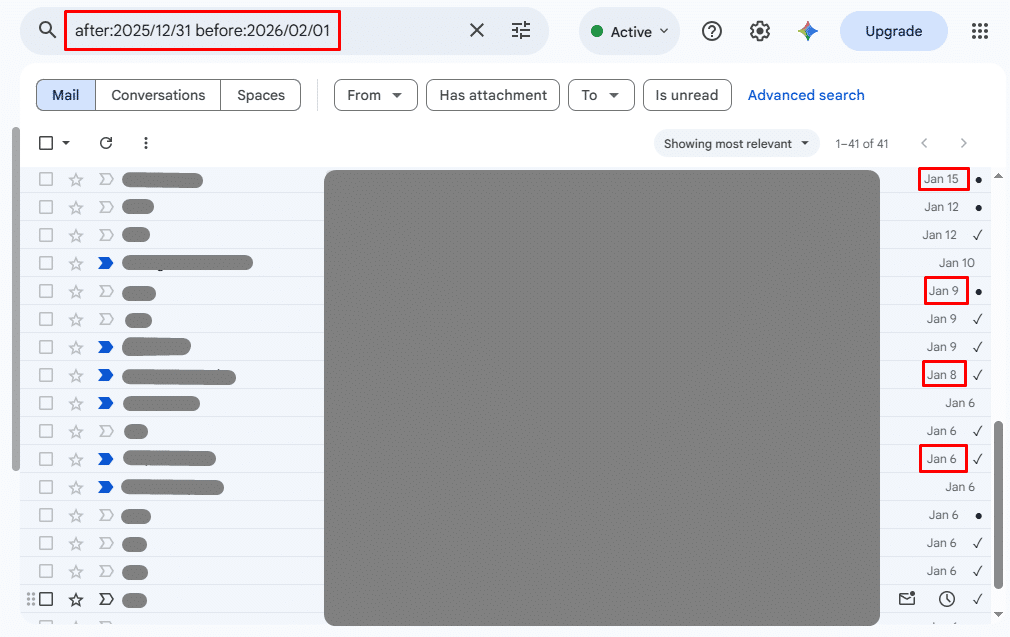 Example query combining before and after operators to filter emails by month