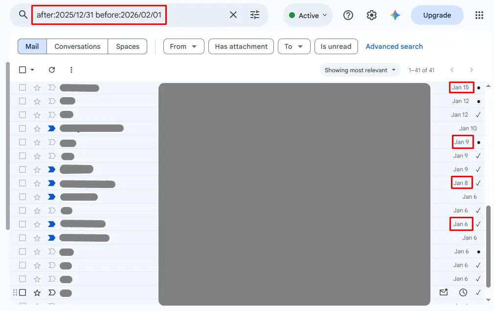 Example query combining before and after operators to filter emails by month
