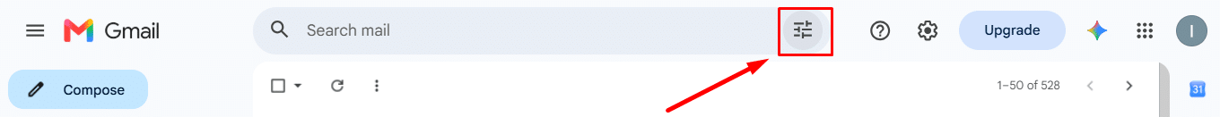 Clicking the Show search options icon in Gmail search bar