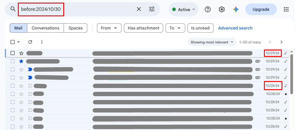 Search Gmail by date using before: operator example