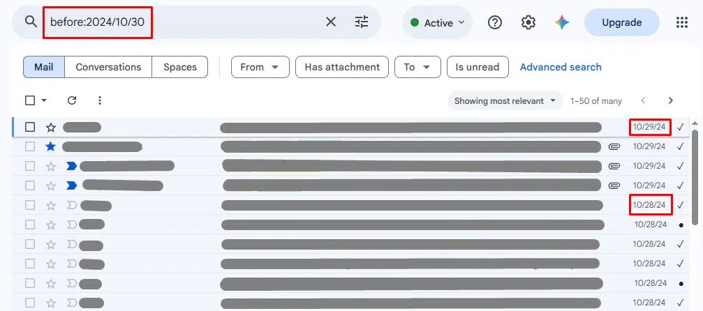 Search Gmail by date using before: operator example