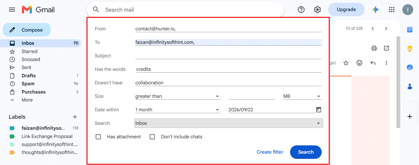Filling out From, To, Subject, and Has the words fields in Gmail search criteria