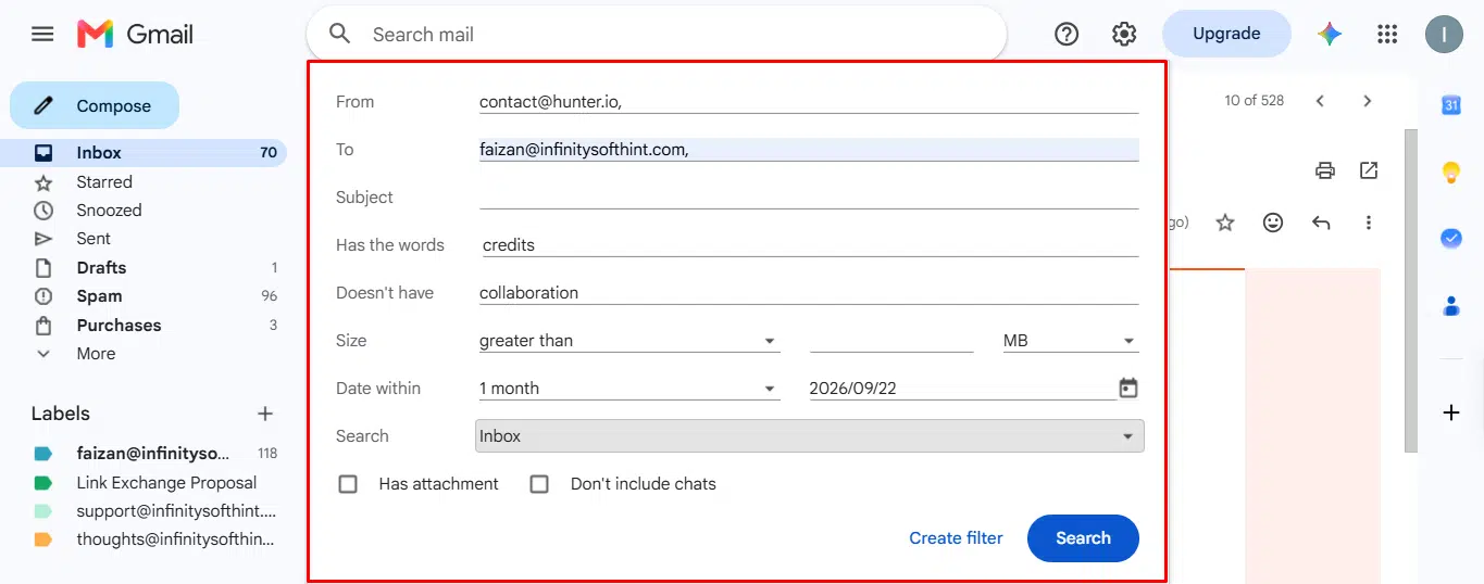 Filling out From, To, Subject, and Has the words fields in Gmail search criteria
