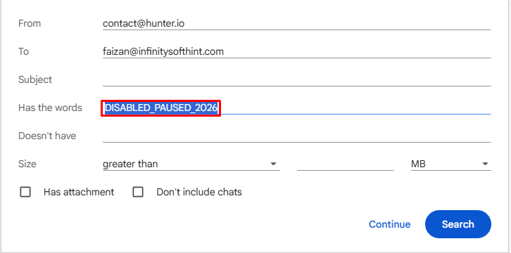 Removing the temporary text string from Has the words field to reactivate Gmail filter