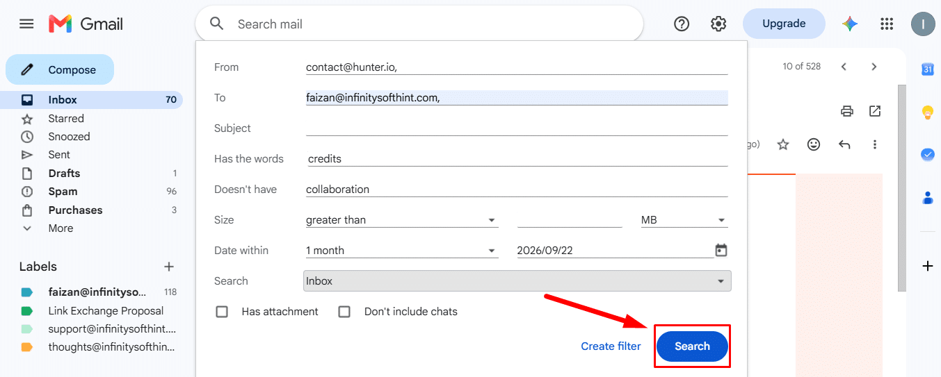 Previewing matching emails by clicking Search in Gmail search options