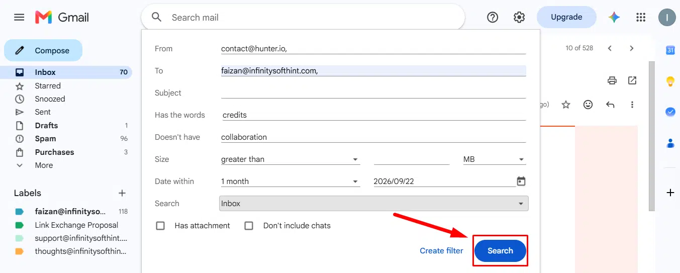 Previewing matching emails by clicking Search in Gmail search options