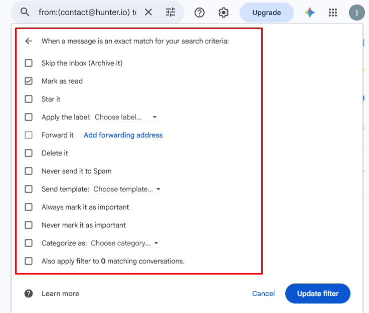 Choosing actions like Skip the Inbox and Apply the label in Gmail filter settings