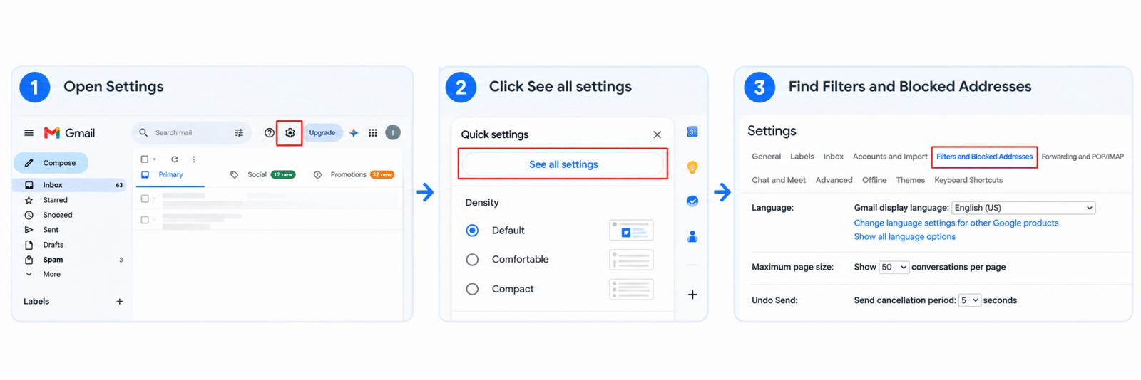 Navigating to Filters and Blocked Addresses tab in Gmail settings