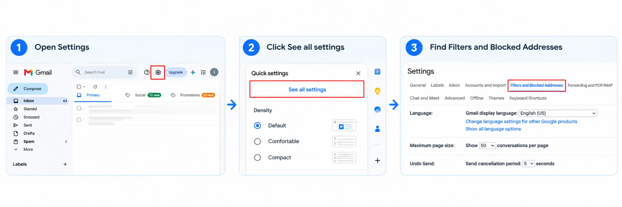 Navigating to Filters and Blocked Addresses tab in Gmail settings